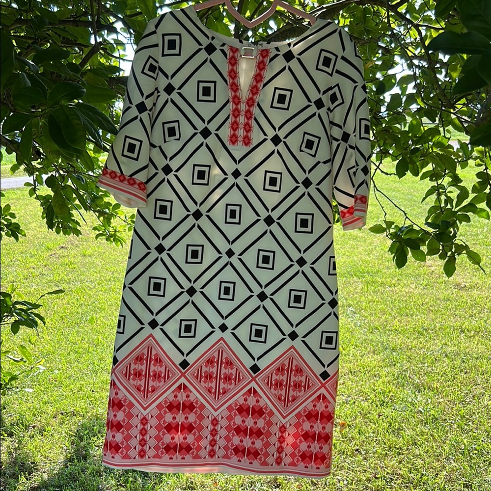 Sandra Darren Black and Red Geometric Midi Dress